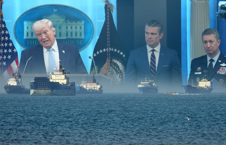 President Donald Trump, Defense Secretary Pete Hegseth and Chairman of the Joint Chiefs of Staff Gen. Dan Caine layered on the Strait of Hormuz. (Mark Schiefelbein/AP; Amirhosein Khorgooi/ISNA via AP)