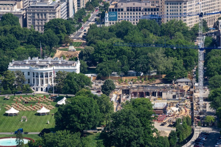 Work continues on the construction of the ballroom at the White House, where the East Wing once stood.