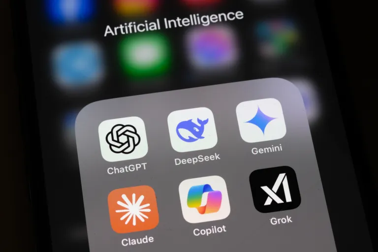 London, UK - 02 22 2025: Apple iPhone screen with Artificial Intelligence icons internet AI app application ChatGPT, DeepSeek, Gemini, Copilot, Grok, Claude, etc.