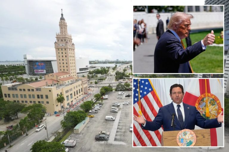 Collage of Miami Dade College, President Donald Trump, and Gov. Ron DeSantis (R-FL).