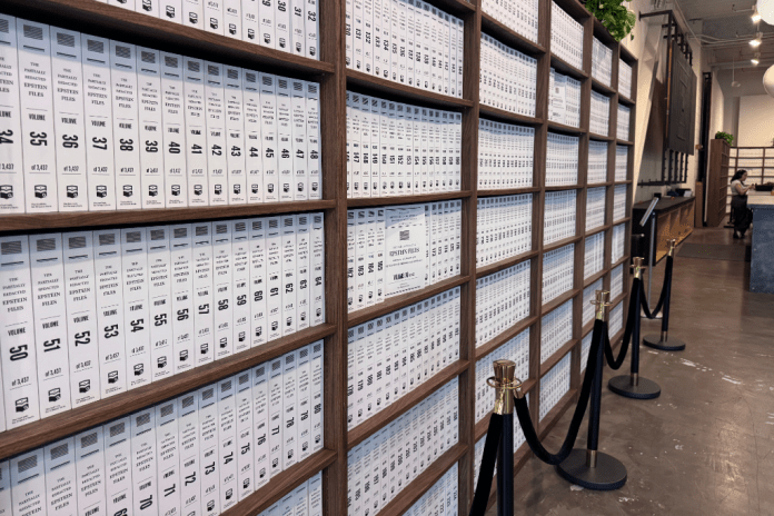 Epstein files on shelves
