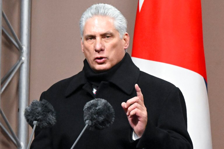 Cuba's President Miguel Diaz-Canel Bermudez speaks during the unveiling ceremony of a monument to the late Cuban leader Fidel Castro, with Russian President Vladimir Putin, in Moscow, Russia, Tuesday, Nov. 22, 2022. (Sergei Guneyev, Sputnik, Kremlin Pool Photo via AP)