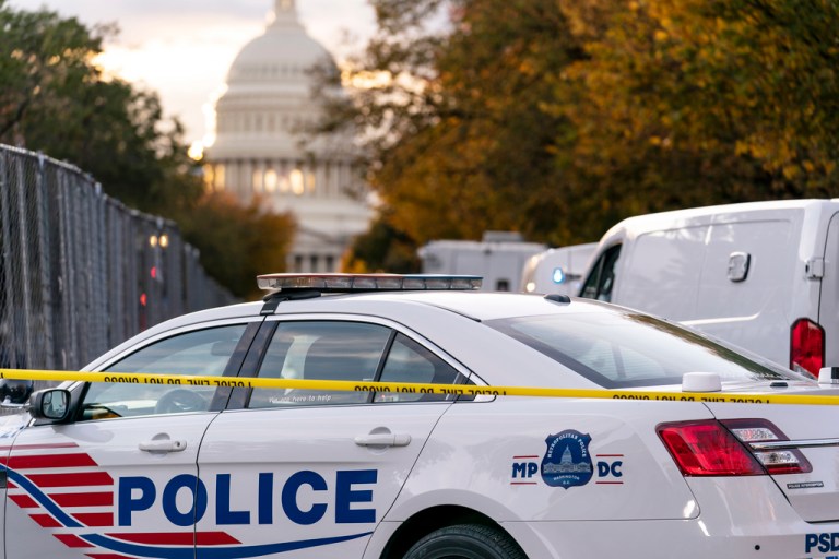 Washington Metropolitan Police, seen Oct. 19, 2022, in Washington. Three police officers have been shot in Washington and their injuries appear to be non-life threatening, officials said Wednesday. The Metropolitan Police Department said in a statement posted online that the officers were shot in the southeast part of the city about 8:30 a.m. (AP Photo/J. Scott Applewhite)