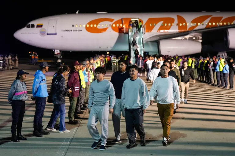 Venezuelan migrants deported from the United States arrive at Simon Bolivar International Airport