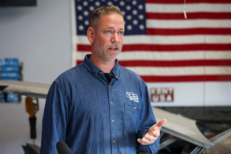 Dan Osborn, Independent candidate for U.S. Senate, speaks during a news conference, May 15, 2024, at his home in Omaha, Neb. (Nikos Frazier/Omaha World-Herald via AP)
