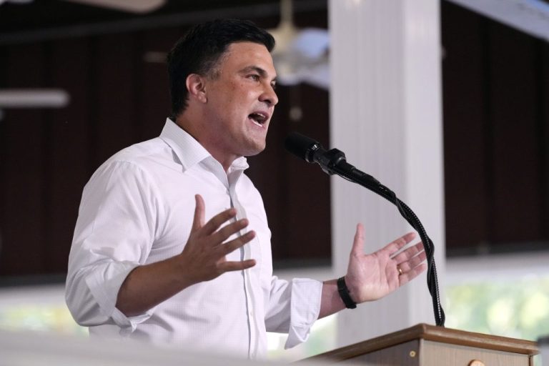 Lexington tech entrepreneur Nate Morris speaks at the annual Fancy Farm picnic Saturday, Aug. 2, 2025, in Fancy Farm, Ky. (AP Photo/Mark Humphrey)