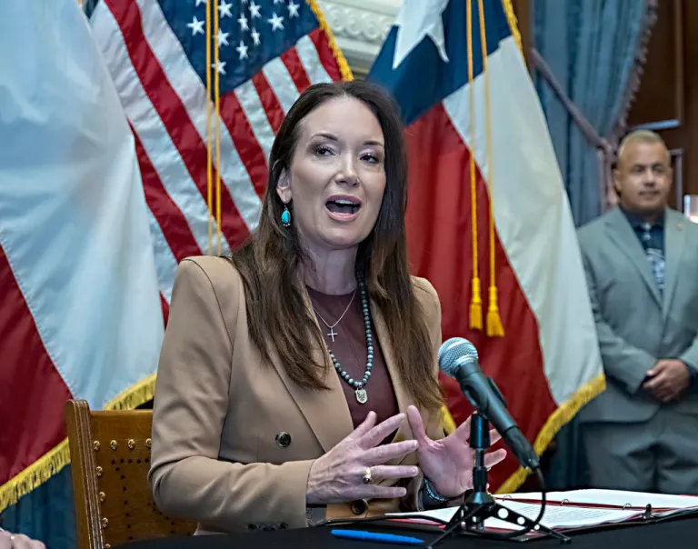 Agriculture Secretary Brooke Rollins discuss measures dealing with the New World screwworm during a press conference with Gov. Greg Abbott (R-TX), not pictured, on Friday, Aug. 15, 2025, at the Texas Capitol in Austin, Texas. (AP Photo/Rodolfo Gonzalez)