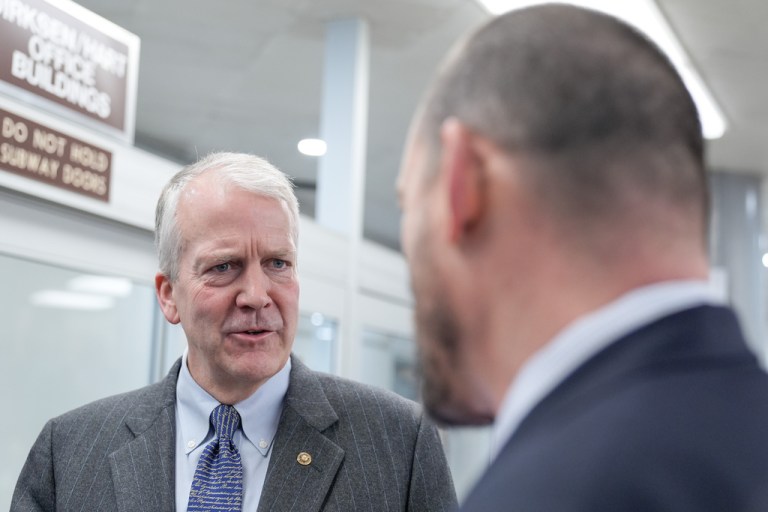 Sen. Dan Sullivan, R-Alaska, speaks with reporters at the Senate Subway on Capitol Hill, Thursday, Jan. 8, 2026, in Washington.