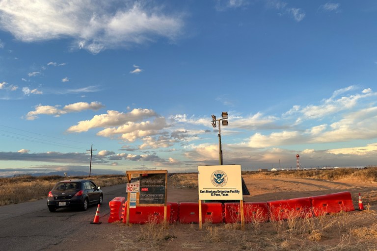A sign marks the entrance to a series of hardened tents at the Camp East Montana immigrant detention center in the desert at a U.S. Army base on the outskirts of El Paso, Texas, Friday, Feb. 13, 2026.