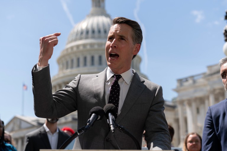 Sen. Josh Hawley, R-Mo., speaks during a news conference to call on Congress to pass legislation to protect kids online and to hold Big Tech companies accountable on Capitol Hill in Washington, Tuesday, April 14, 2026. (AP Photo/Jose Luis Magana)