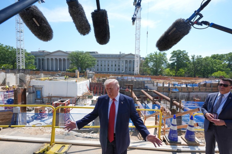 President Donald Trump tours ballroom construction around the outside the White House, Tuesday, May 19, 2026