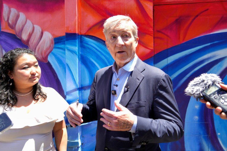 California gubernatorial candidate Tom Steyer speaks with reporters during a campaign event in Berkeley, Calif., Wednesday, May 27, 2026.