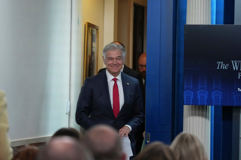Centers for Medicare and Medicaid Services administrator Dr. Mehmet Oz arrives for a news conference in the James Brady Press Briefing Room at the White House, Tuesday, June 2, 2026, in Washington. (AP Photo/Julia Demaree Nikhinson)