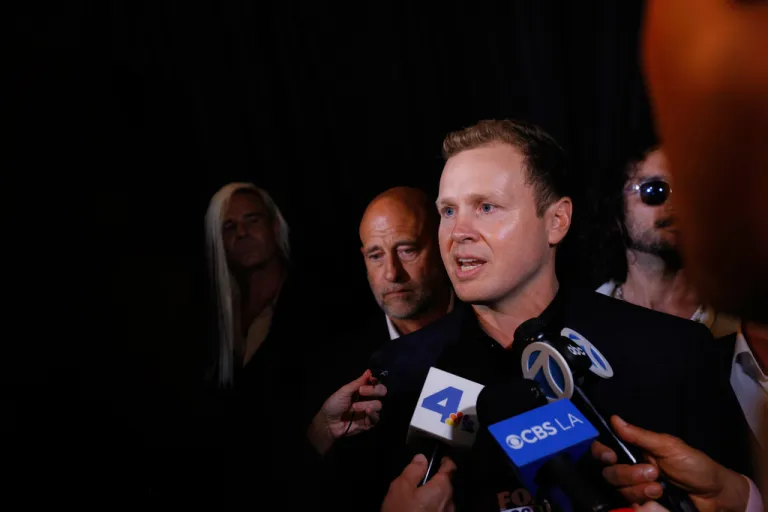 Spencer Pratt, a candidate in the Los Angeles mayoral race, fields interviews during an election night event Tuesday, June 2, 2026, in Los Angeles.