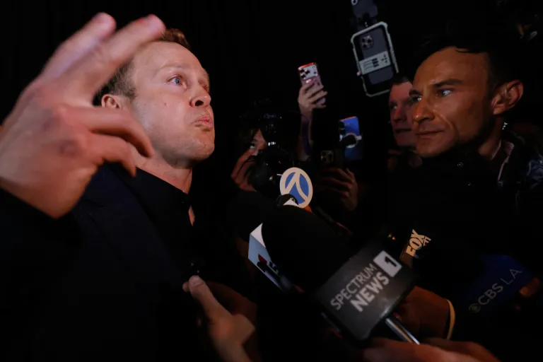 Spencer Pratt, a candidate in the Los Angeles mayoral race, fields interviews during an election night event Tuesday, June 2, 2026, in Los Angeles.