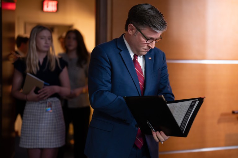 Speaker of the House Mike Johnson, R-La., joined by GOP leaders, arrives to talk to reporters at the Capitol in Washington, Wednesday, June 3, 2026. (AP Photo/J. Scott Applewhite)