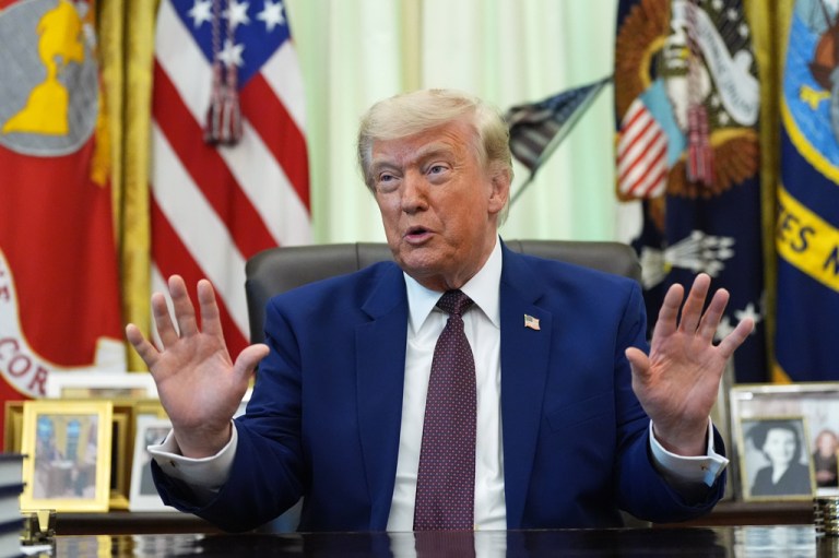 President Donald Trump speaks in the Oval Office.