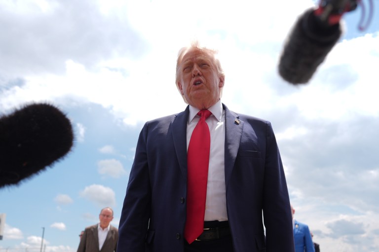 President Donald Trump talks with reporters after arriving on Air Force One, Friday, June 5, 2026, at Chippewa Valley Regional Airport in Eau Claire, Wisconsin.