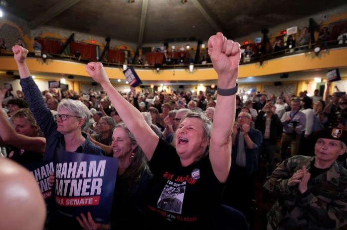 Supporters cheer for Graham Platner, Democratic candidate for U.S. Senate, at a campaign event Friday, June 5, 2026, in Bar Harbor, Maine.