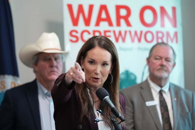 U.S. Agriculture Secretary Brooke Rollins holds a news conference with ranchers, researchers and officials at the Knipling-Bushland U.S. Livestock Insects Research Laboratory in Kerrville, Texas, Monday, June 8, 2026.