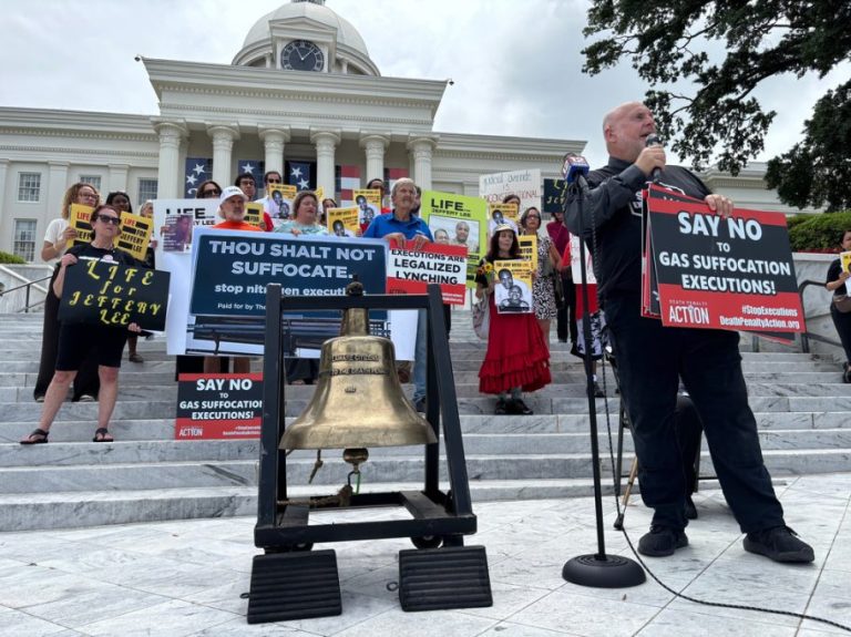 Abraham Bonowitz, of the group Death Penalty Action, leads a demonstration outside the Capitol in Montgomery, Ala., on Monday, June 8, 2026, to oppose an upcoming execution in Alabama. (AP Photo/Kim Chandler)