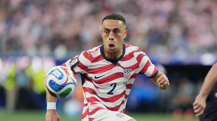 United States' Sergino Dest (2) eyes the ball during the World Cup Group D soccer match between the United States and Paraguay in Inglewood, Calif., near Los Angeles, Friday, June 12, 2026.