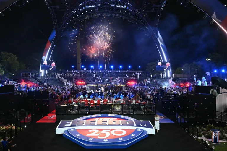 Fireworks erupt after Justin Gaethje defeated Ilia Topuria in a lightweight title bout during UFC Freedom 250 on the South Lawn of the White House, Monday, June 15, 2026, in Washington.