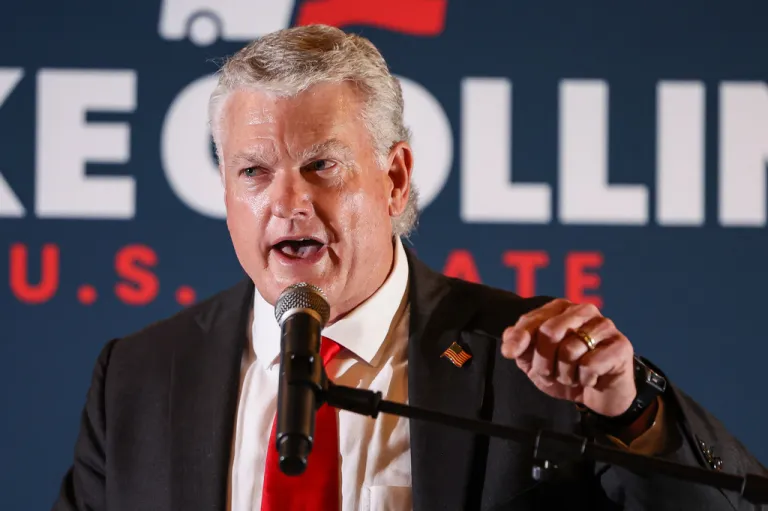 U.S. Senate candidate Mike Collins speaks during an election-night watch party after winning the Republican nomination, Tuesday, June 16, 2026, in Jackson, Georgia.