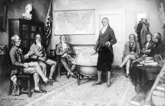 President James Monroe, center, with his Secretary of State John Quincy Adams, Secretary of the Treasury William H. Crawford, Attorney General William Wirt, Secretary of War John Caldwell Calhoun, Secretary of the Navy Samuel Southard and Postmaster General John McLean discuss the Monroe Doctrine. (Painted by Clyde Deland/MPI/Getty Images)