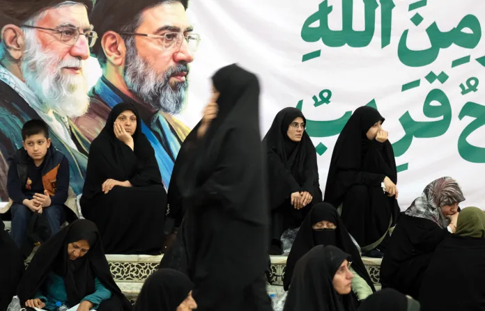 Ruhollah Khomeini, Ali Khamenei, and Ayatollah Mojtaba Khamenei, June 4, 2026. (Morteza Nikoubazl/NurPhoto/Getty)