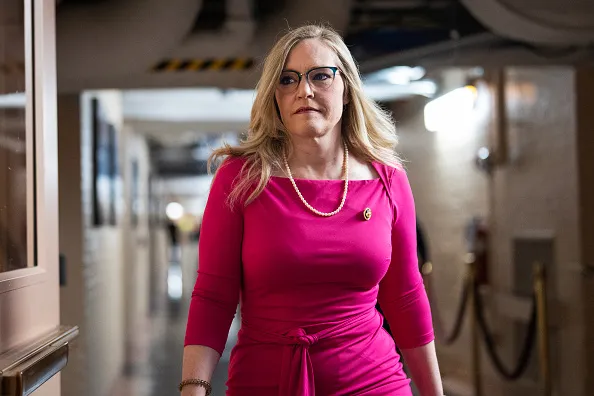 Rep. Erin Houchin (R-IN) arrives to a meeting of the House Republican Conference in the U.S. Capitol on, Feb. 14, 2024.