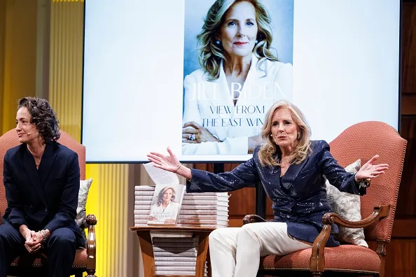 Former First Lady Dr. Jill Biden speaks with journalist Paola Ramos (L) at the Sixth and I temple and venue on June 3, 2026 in the Chinatown neighborhood of Washington, DC. The Former First Lady spoke to a crowd while promoting her new book, 
