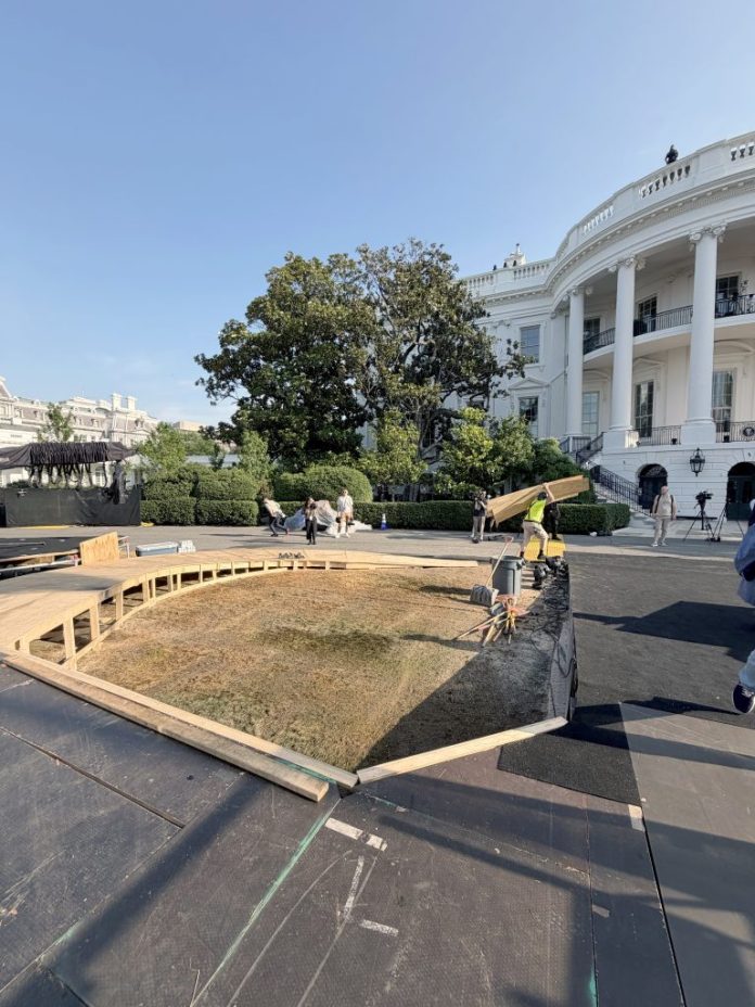 Construction still underway on Thursday, a few days before UFC Freedom 250 is set to take place on Sunday. (Judith Y. Kim/Washington Examiner)