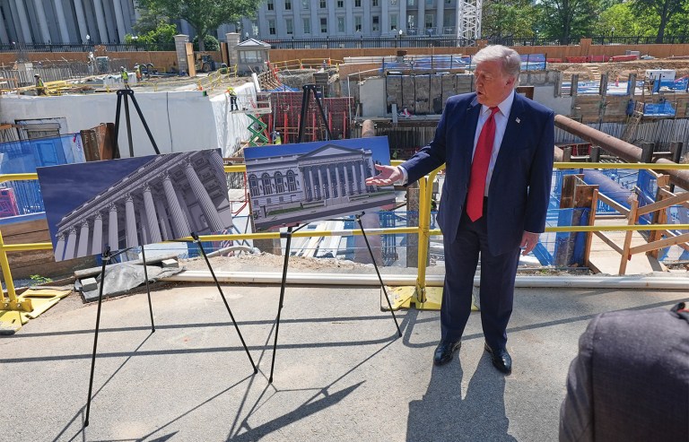 President Donald Trump tours the ballroom construction site at the White House in Washington on May 19. (Jacquelyn Martin/AP)