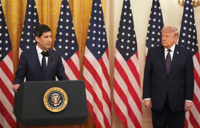 President Donald Trump listens as Federal Reserve Chairman Kevin Warsh speaks during Warsh’s swearing-in at the White House on May 22. (Alex Brandon/AP)