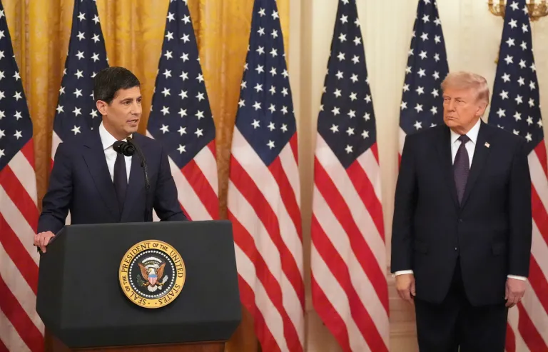 President Donald Trump listens as Federal Reserve Chairman Kevin Warsh speaks during Warsh’s swearing-in at the White House on May 22. (Alex Brandon/AP)
