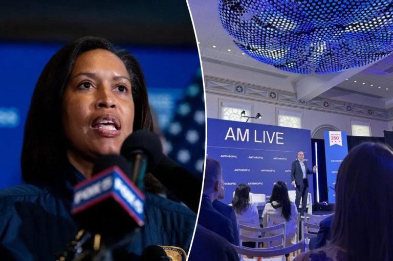 Mayor Muriel Bowser, left, at a podium after the WHCA dinner shooting, and Axios's Cofounder Mike Allen speaks at an Axios AM Live event on Tuesday, June 9, 2026. (Graeme Jennings | Washington Examiner)