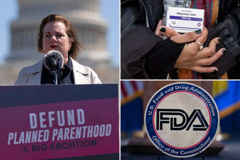Collage of pro-life activists, mifepristone packaging, and the FDA logo.