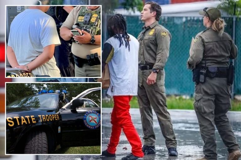 Three-way collage of Florida state patrol cars and officers arresting people, as the story records immigrant arrests.