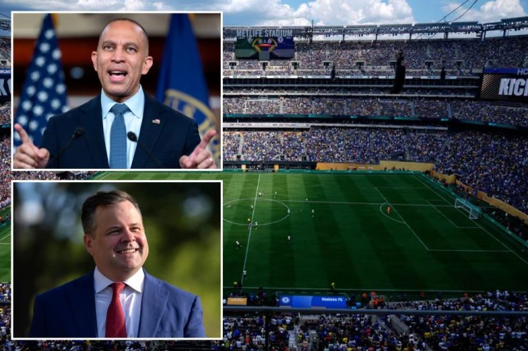 Collage of World Cup pitch, Hakeem Jeffries, and Bill Pulte.