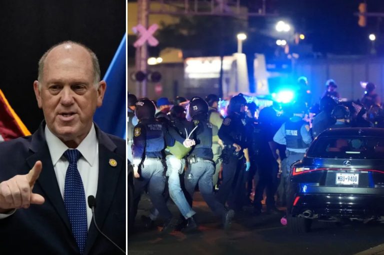 Tom Homan, left; Delaney Hall protesters, right.
