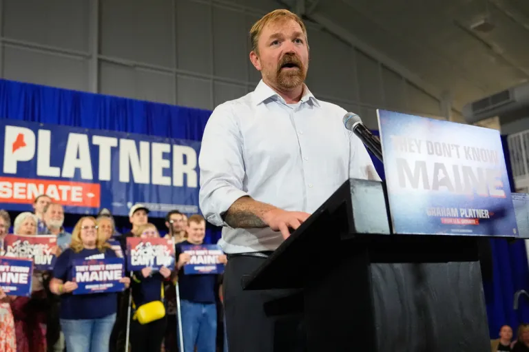 Democratic U.S. Senate candidate Graham Platner speaks during a primary election night watch party after winning the Democratic nomination.